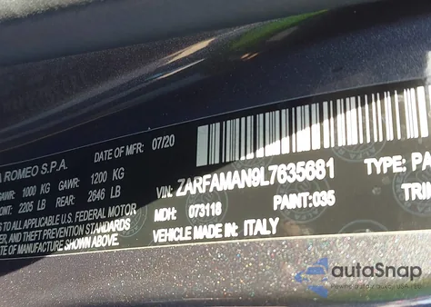 2020 Alfa Romeo Giulia Rwd z USA, uszkodzony, nr VIN ZARFAMAN9L7635681